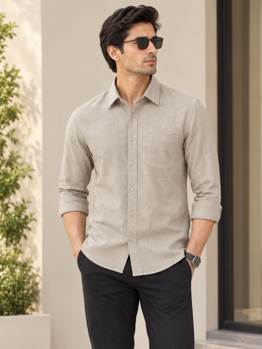 Men's Premium Beige Textured Casual Shirt