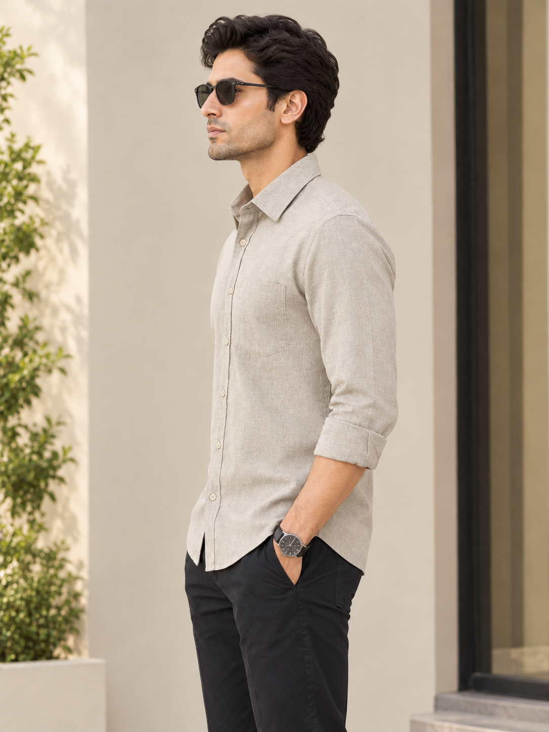 Men's Premium Beige Textured Casual Shirt