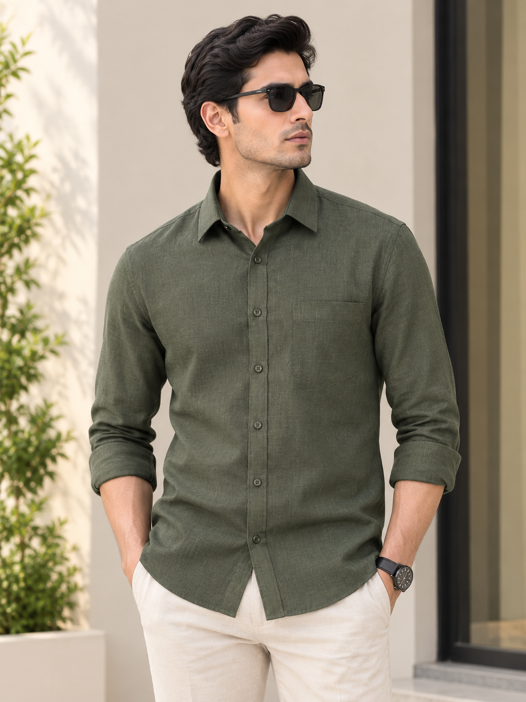 Men's Premium Olive Green Textured Casual Shirt