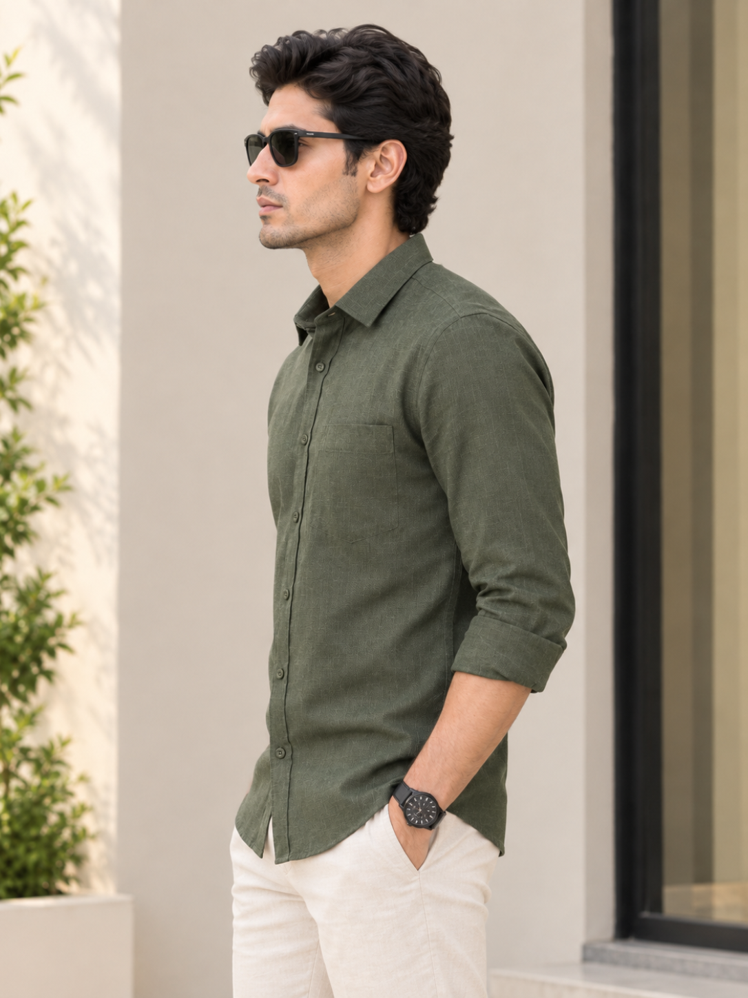 Men's Premium Olive Green Textured Casual Shirt