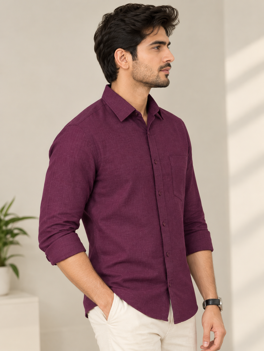 Men's Premium Burgundy Linen-Blend Casual Shirt