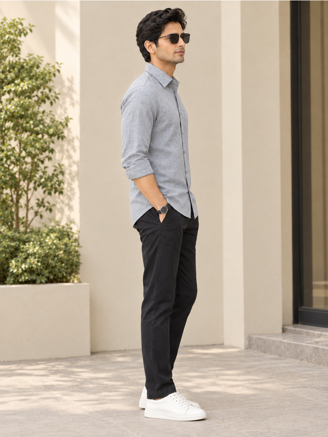 Men's Premium Light Grey Textured Casual Shirt