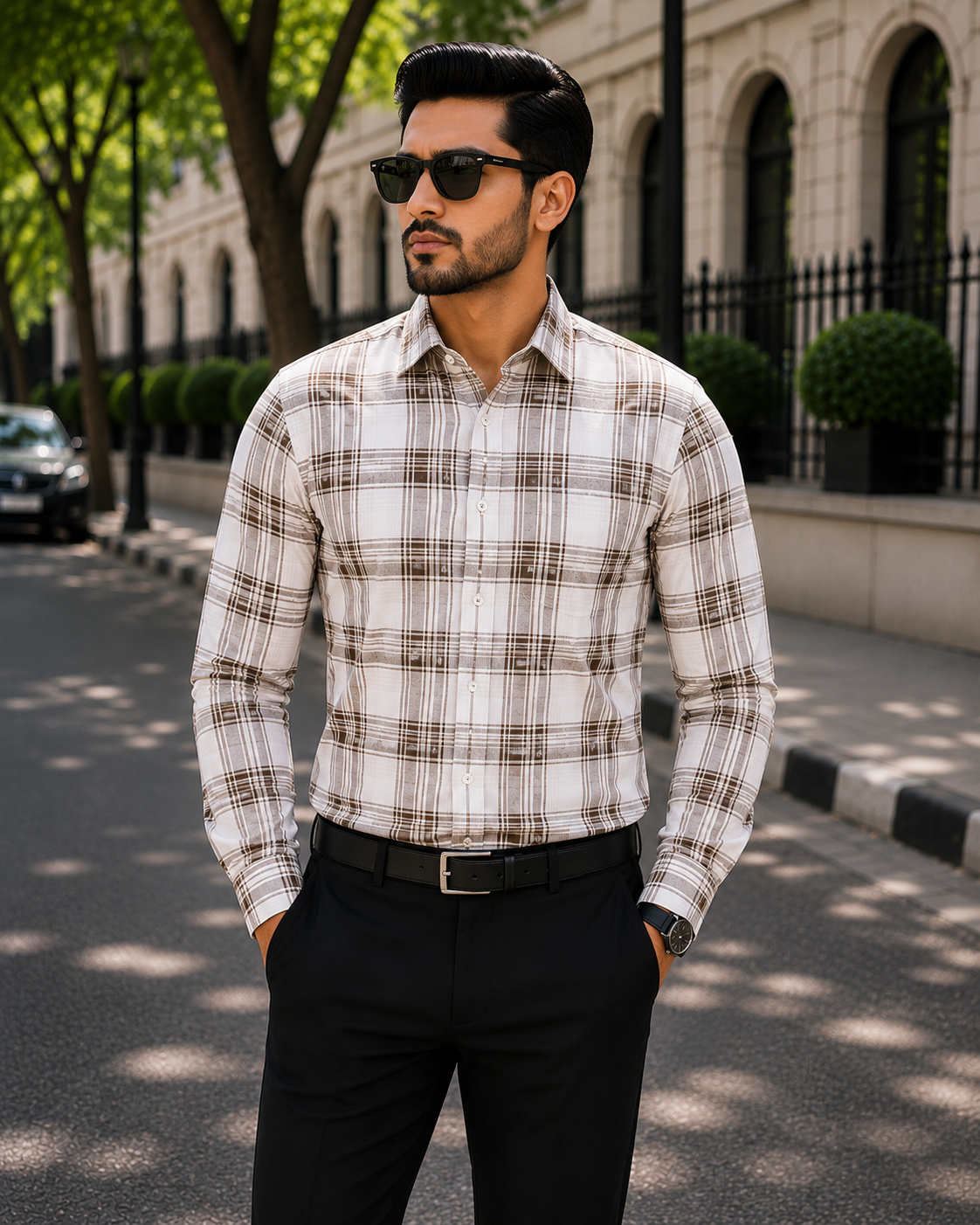 Men's Beige Checked Slim Fit Shirt