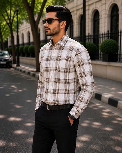 Men's Beige Checked Slim Fit Shirt