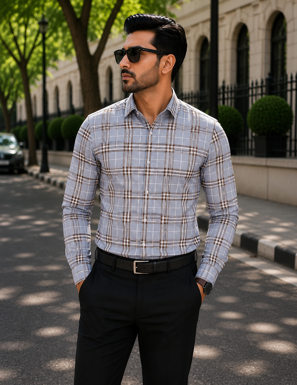 Men's Grey & Brown Checked Slim Fit Shirt