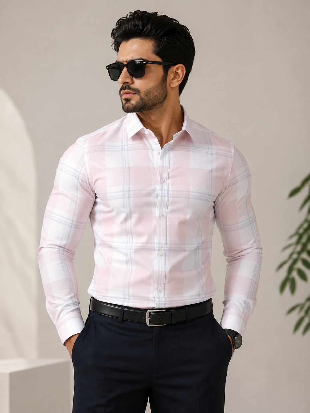 Men's Light Pink Checked Slim Fit Shirt