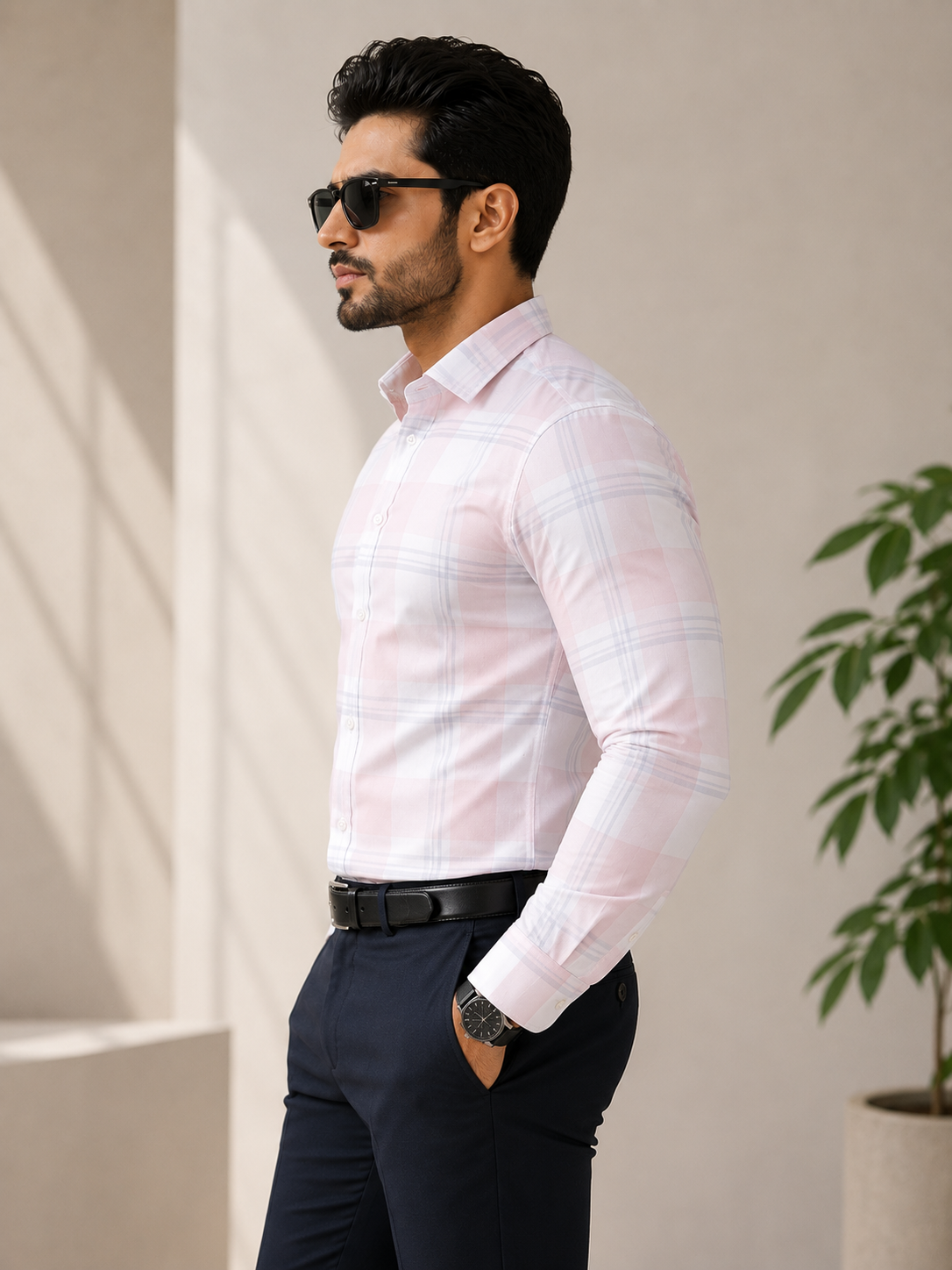 Men's Light Pink Checked Slim Fit Shirt