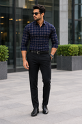Men's Navy Blue Windowpane Checked Shirt
