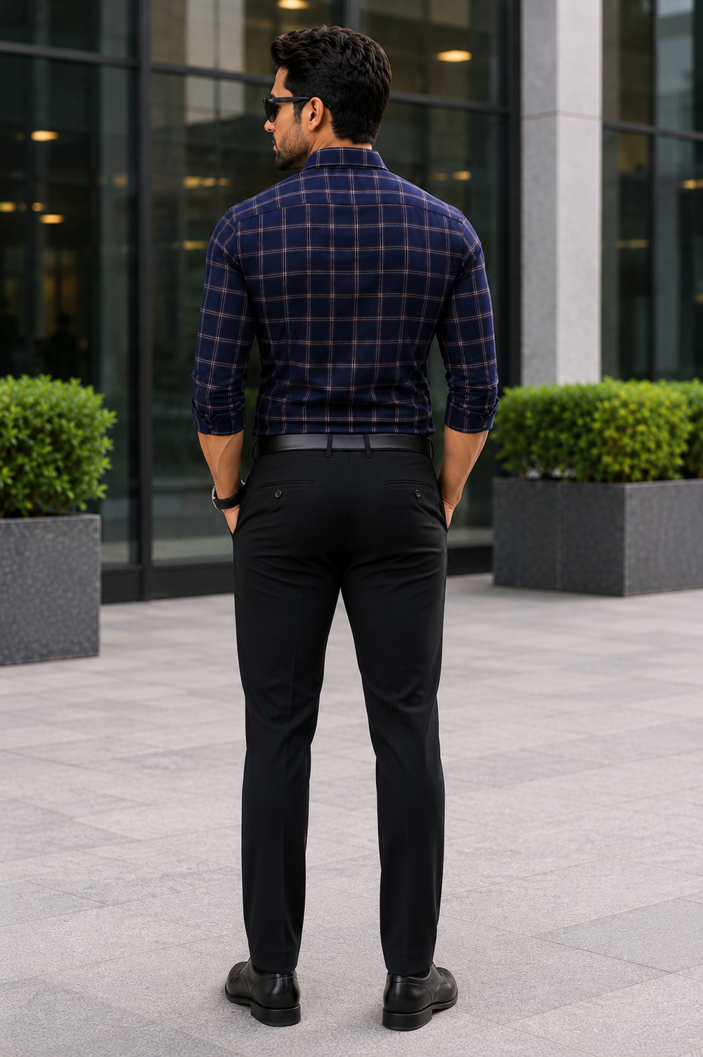 Men's Navy Blue Windowpane Checked Shirt