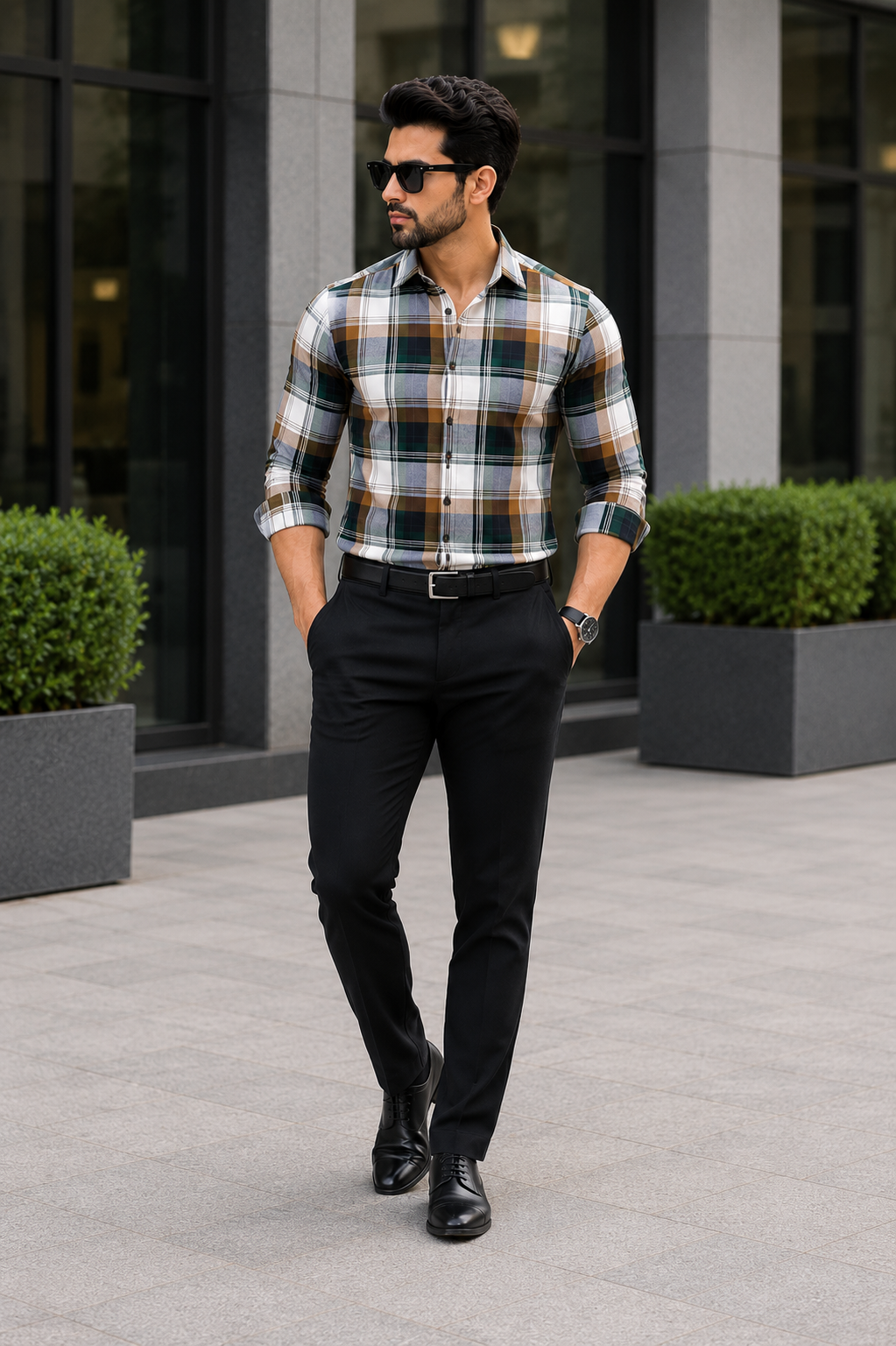 Green & Brown Checked Slim Fit Shirt