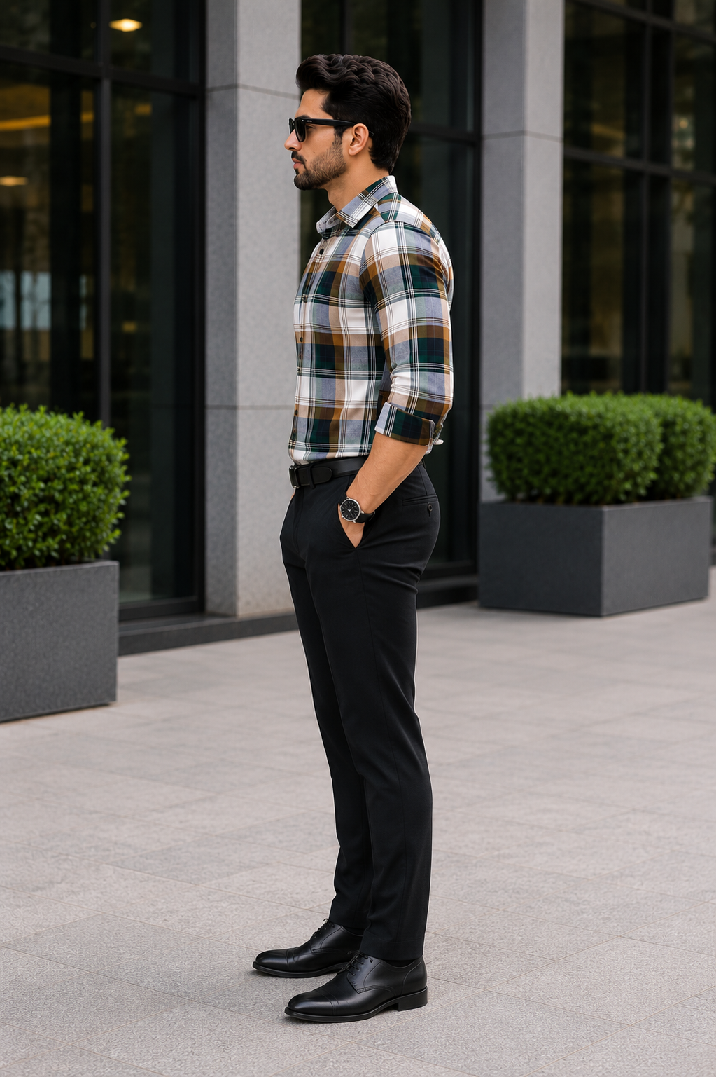 Green & Brown Checked Slim Fit Shirt