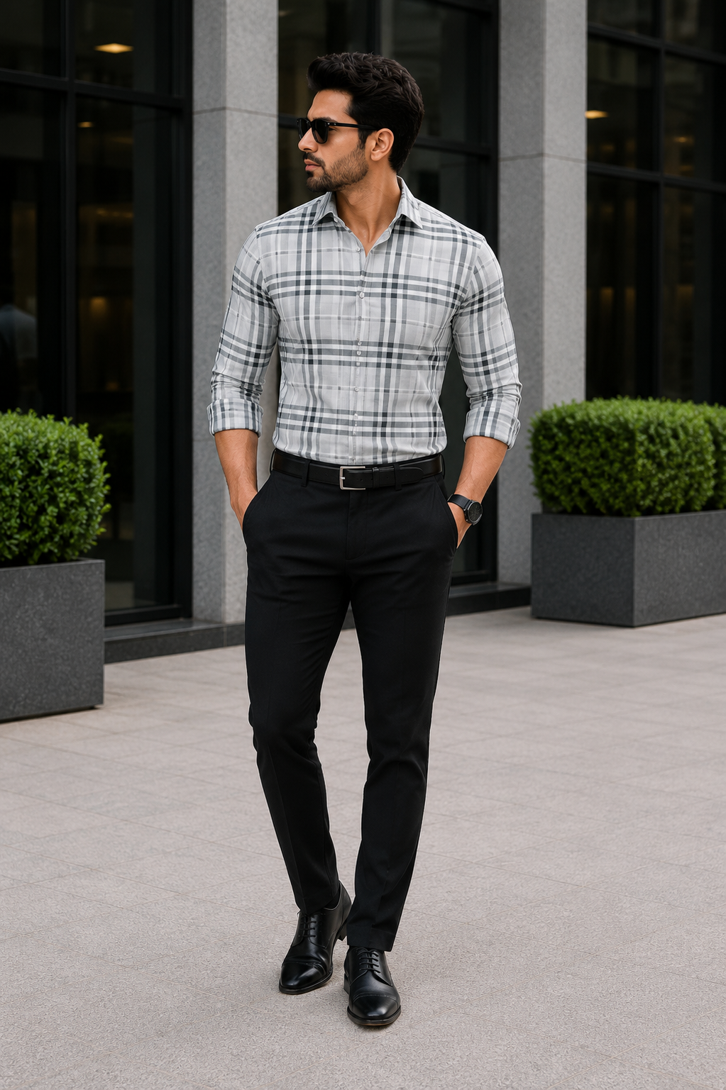 Men's Grey Checked Slim Fit Shirt