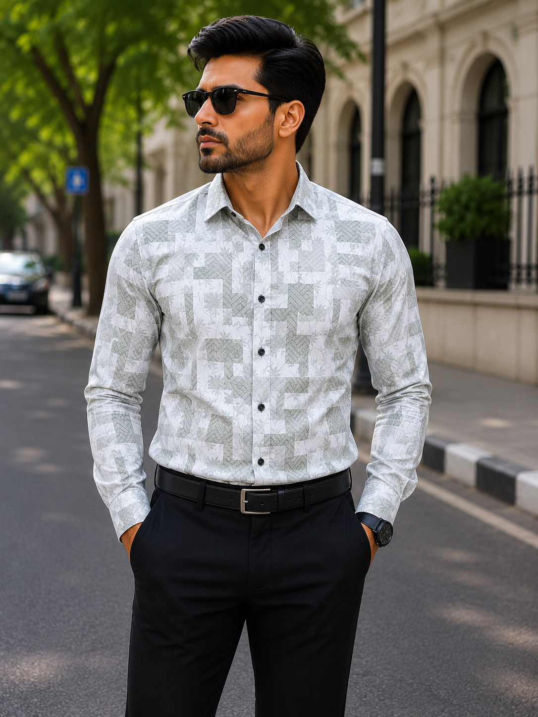 Men's White & Grey Abstract Print Cotton Shirt