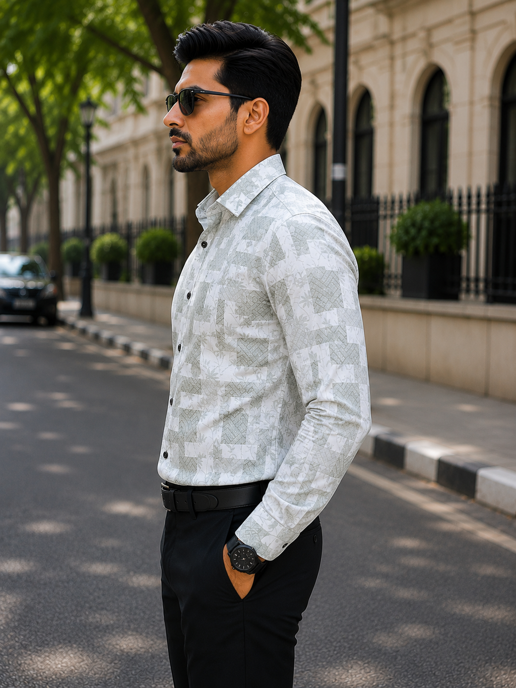 Men's White & Grey Abstract Print Cotton Shirt