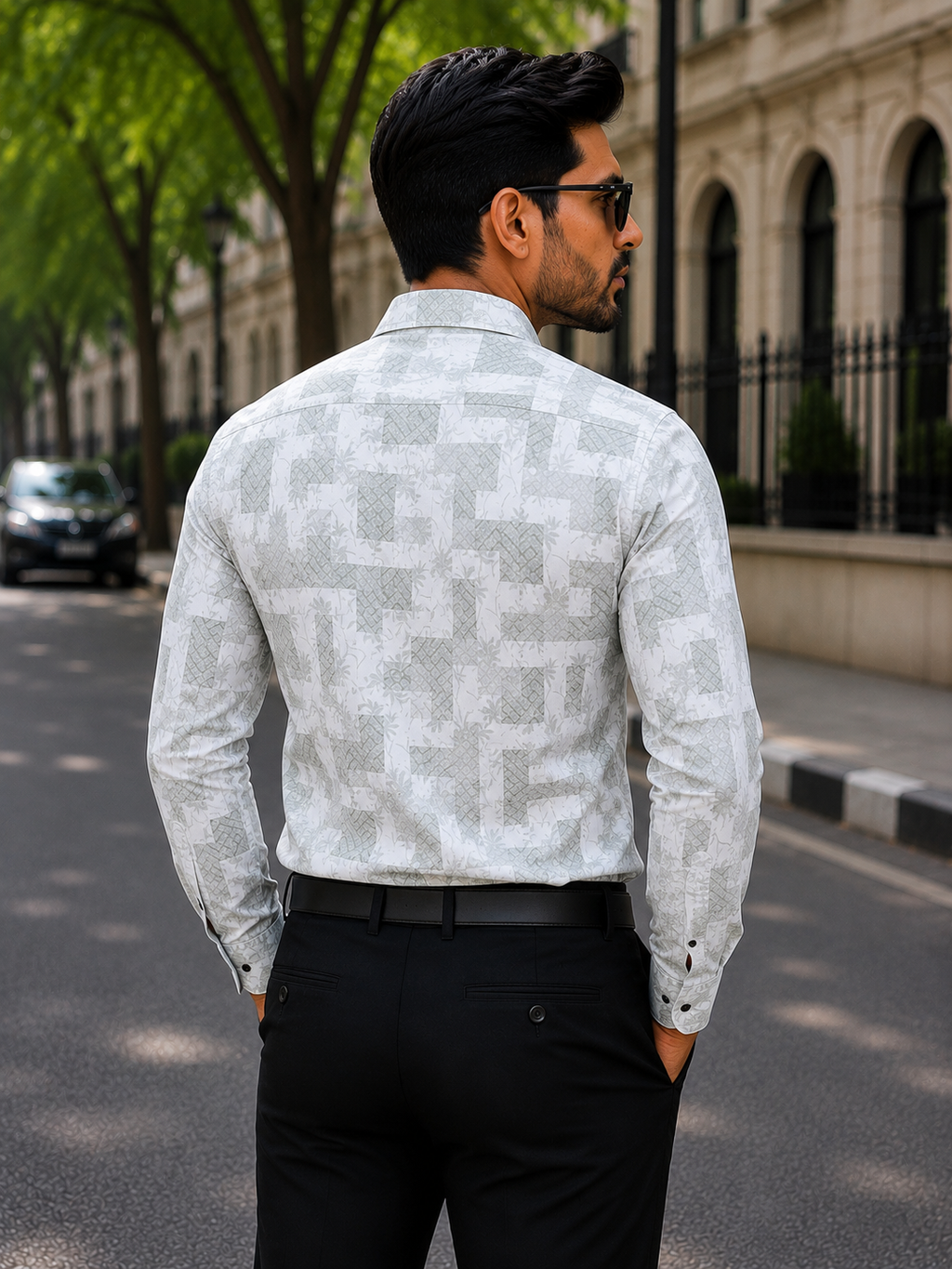 Men's White & Grey Abstract Print Cotton Shirt
