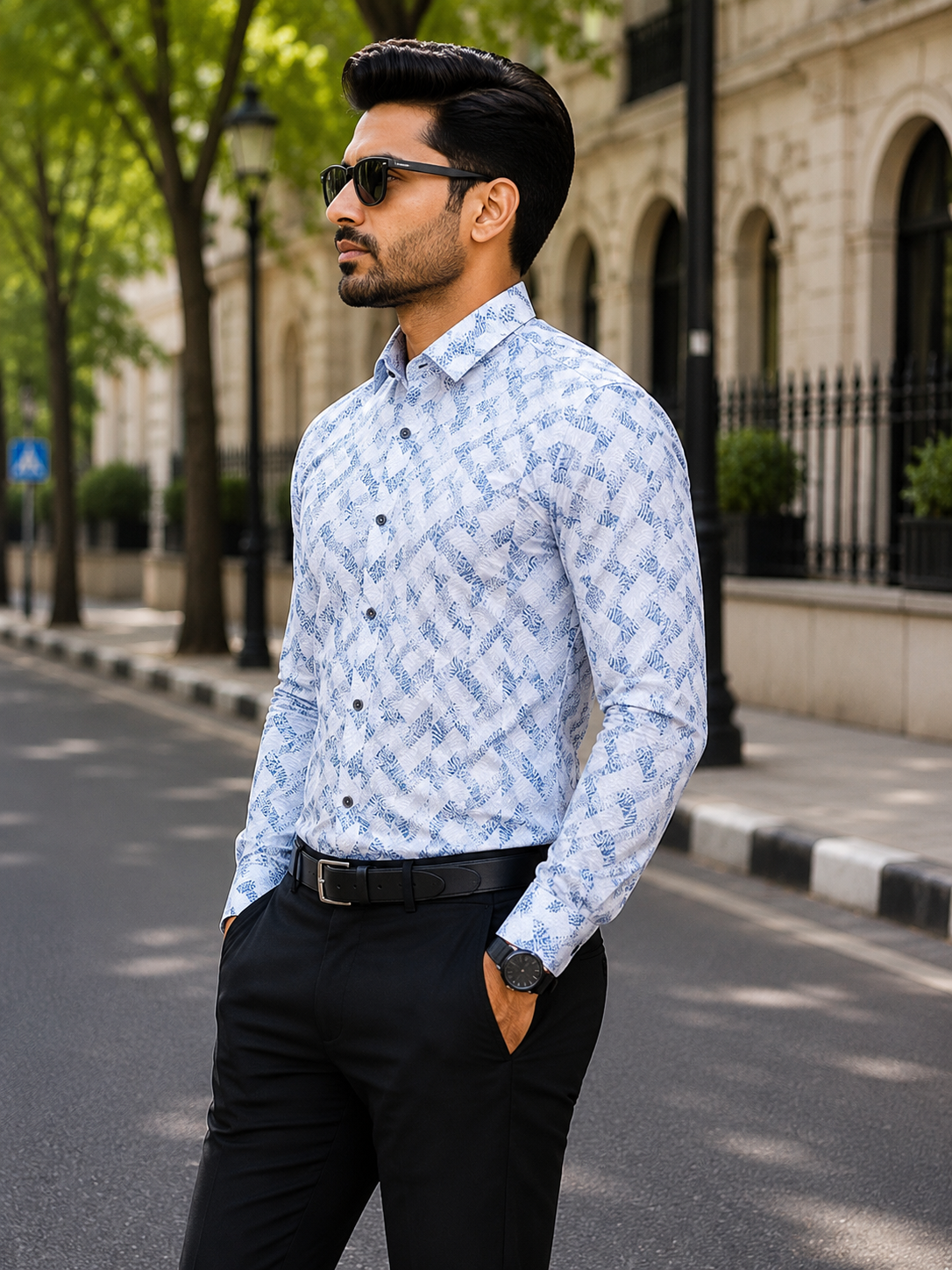 Men's White & Blue Casual Shirt