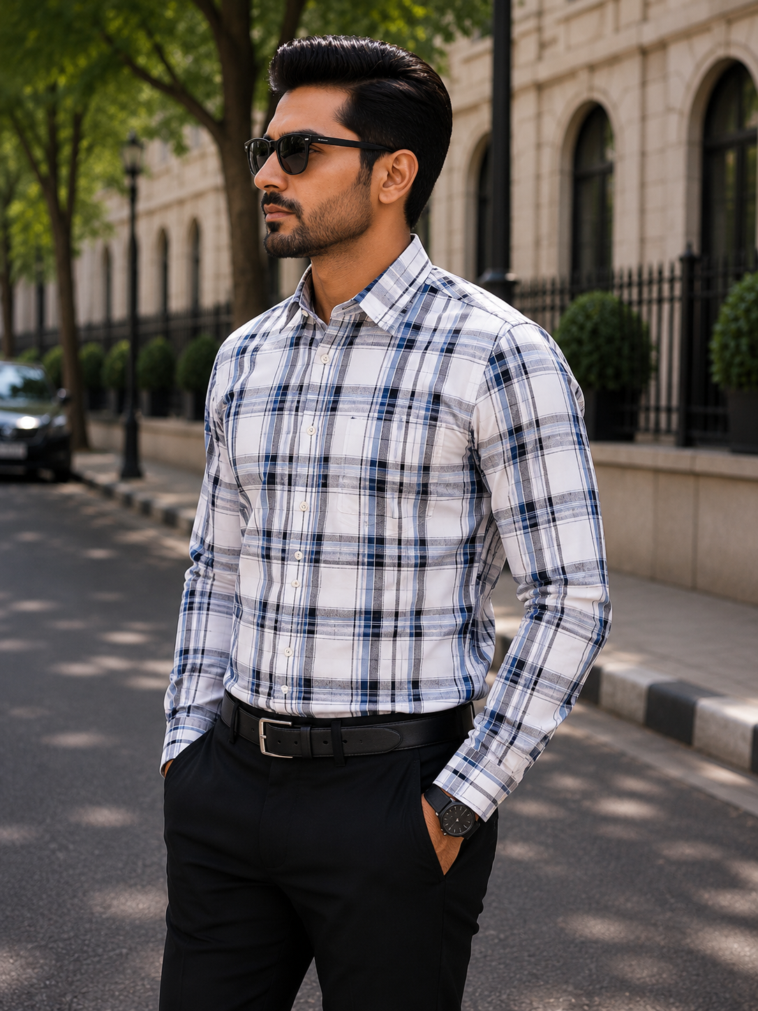 Men's Blue Checked Slim Fit Shirt