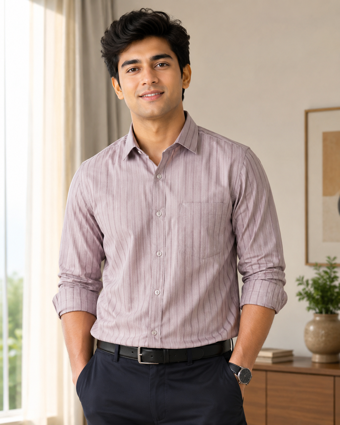 Dusty Rose Striped Cotton Formal Shirt