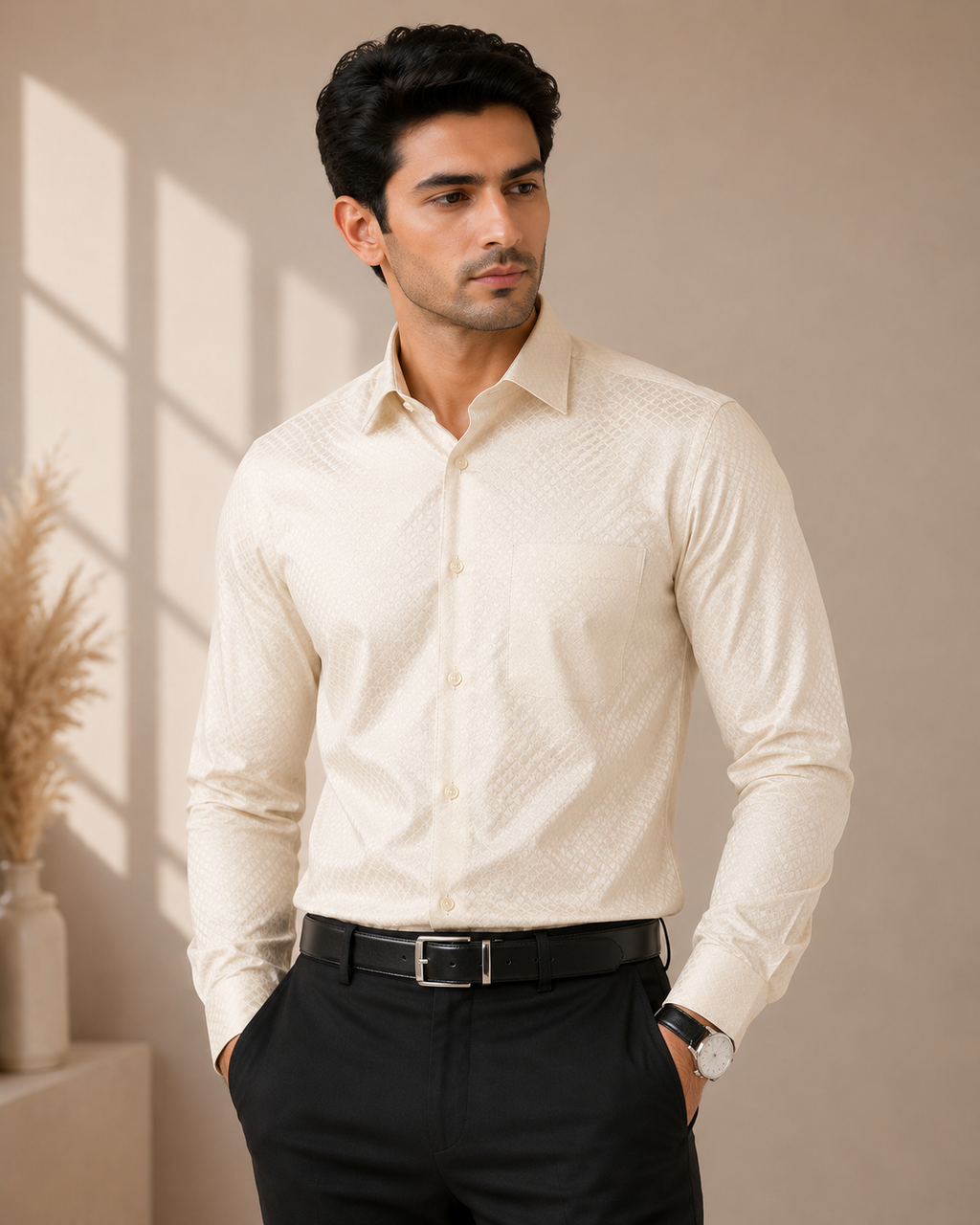 Ivory Elegance Jacquard Formal Shirt