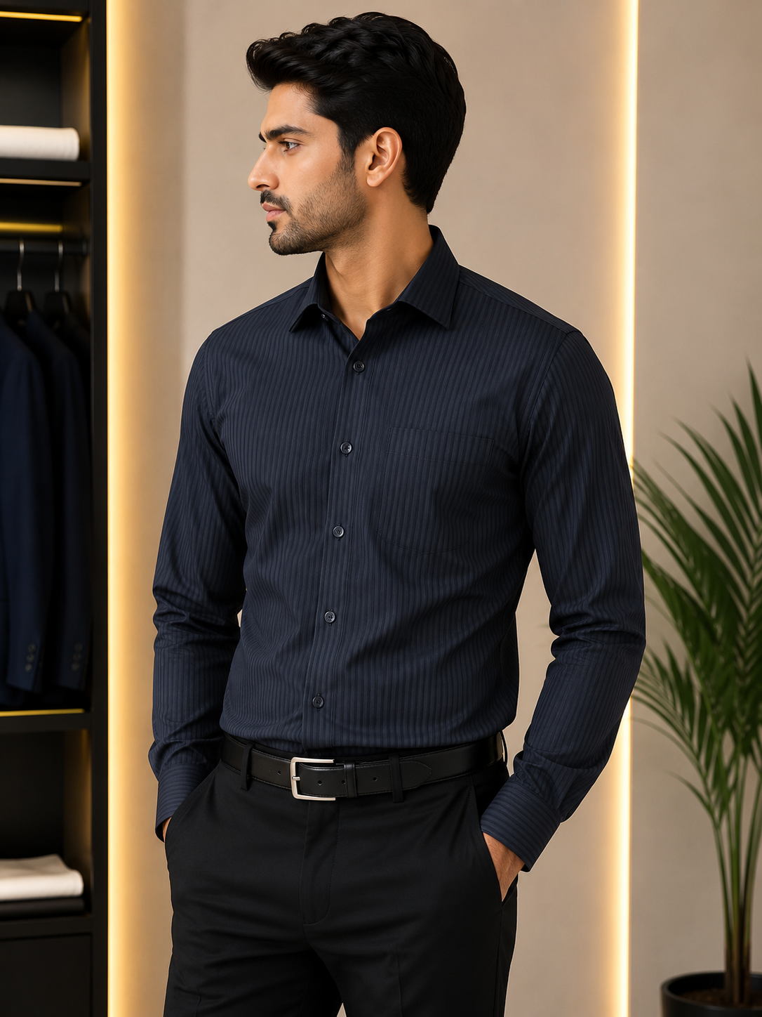 Midnight Navy Striped Formal Shirt