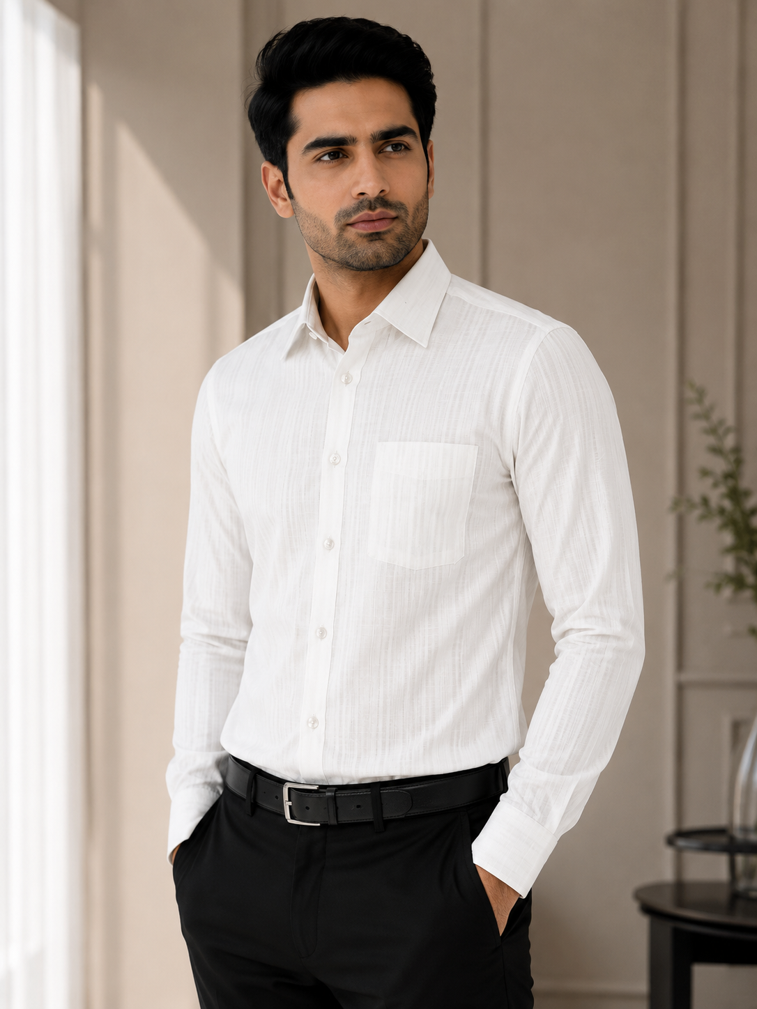 Pearl White Textured Formal Shirt
