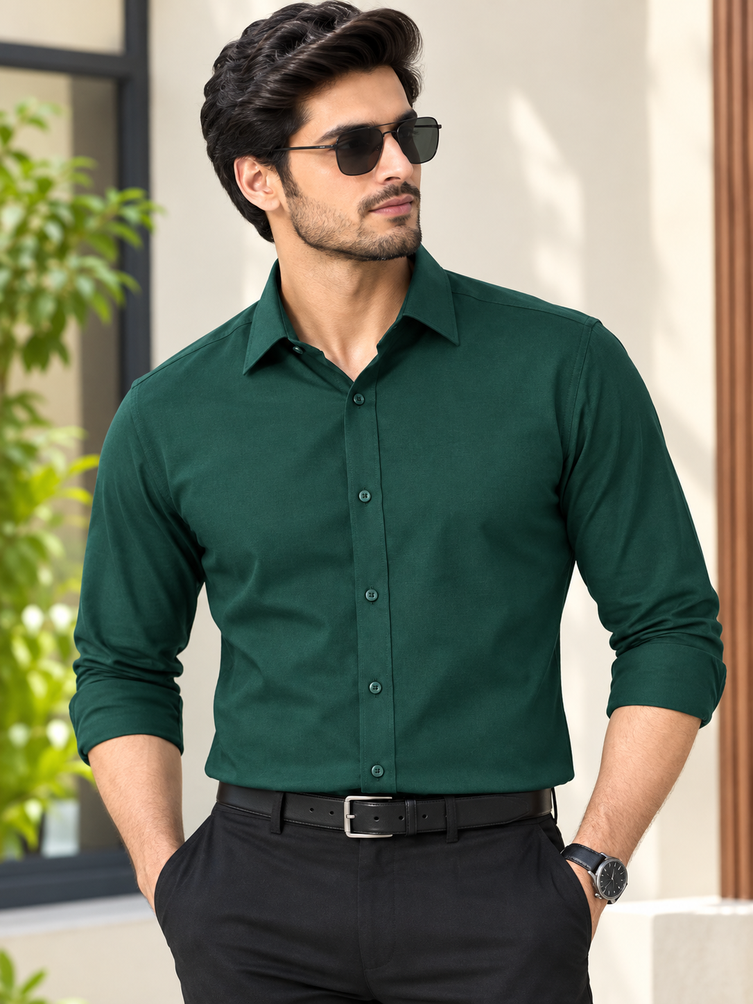 Men Olive Solid Formal Shirt