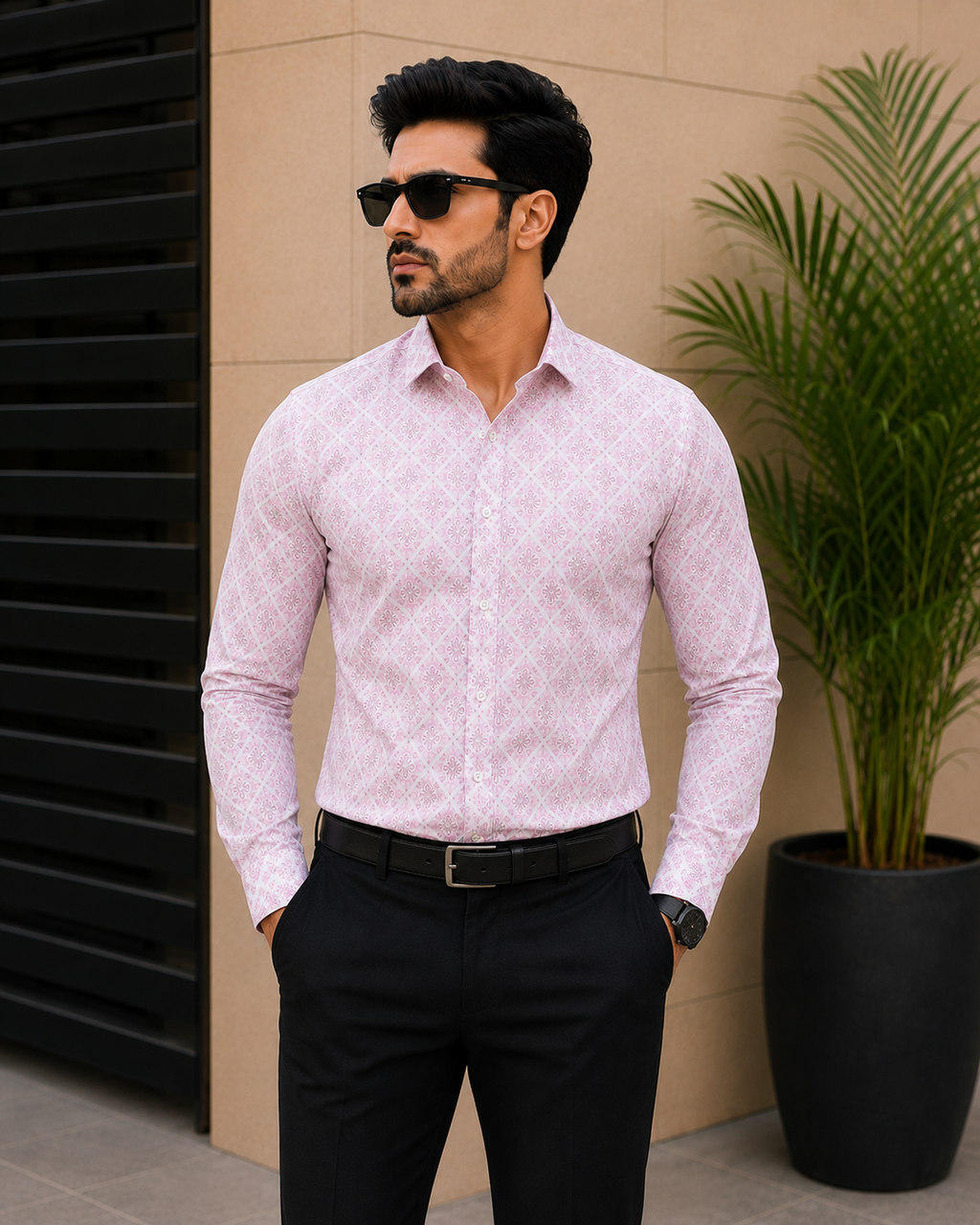 Men's Light Pink Printed Slim Fit Shirt