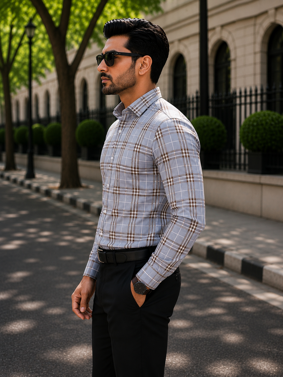 Men's Grey & Brown Checked Slim Fit Shirt
