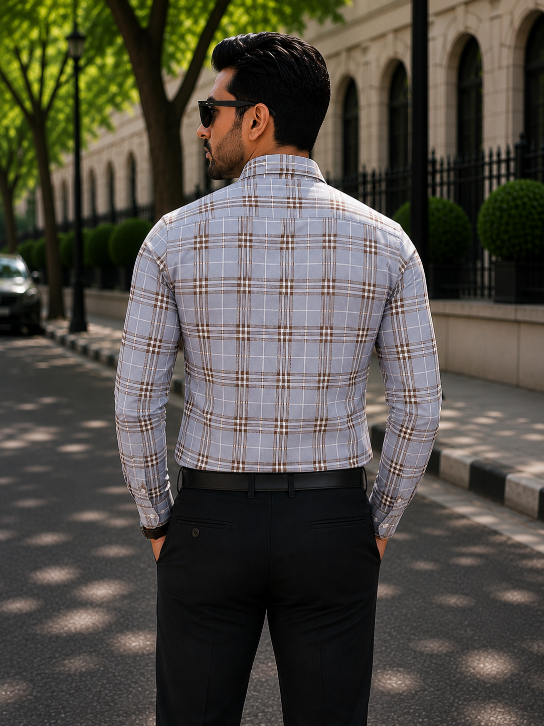Men's Grey & Brown Checked Slim Fit Shirt