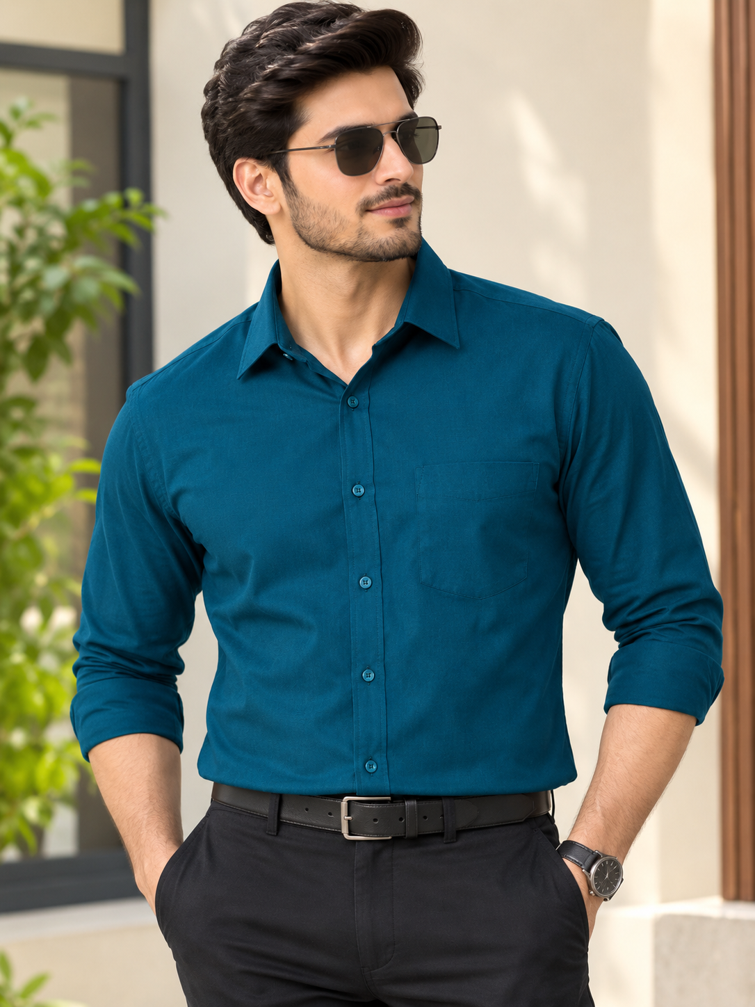 Men Teal blue Solid Formal Shirt
