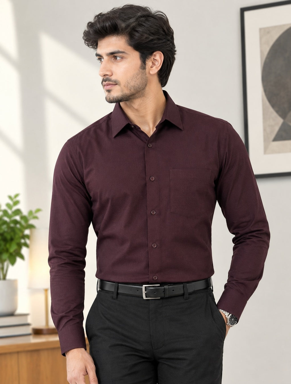 Men Maroon Self Design Shirt